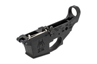 ST 9mm PCC Stripped Lower for GLOCK mags has an engraved spider logo on the left side of the magwell